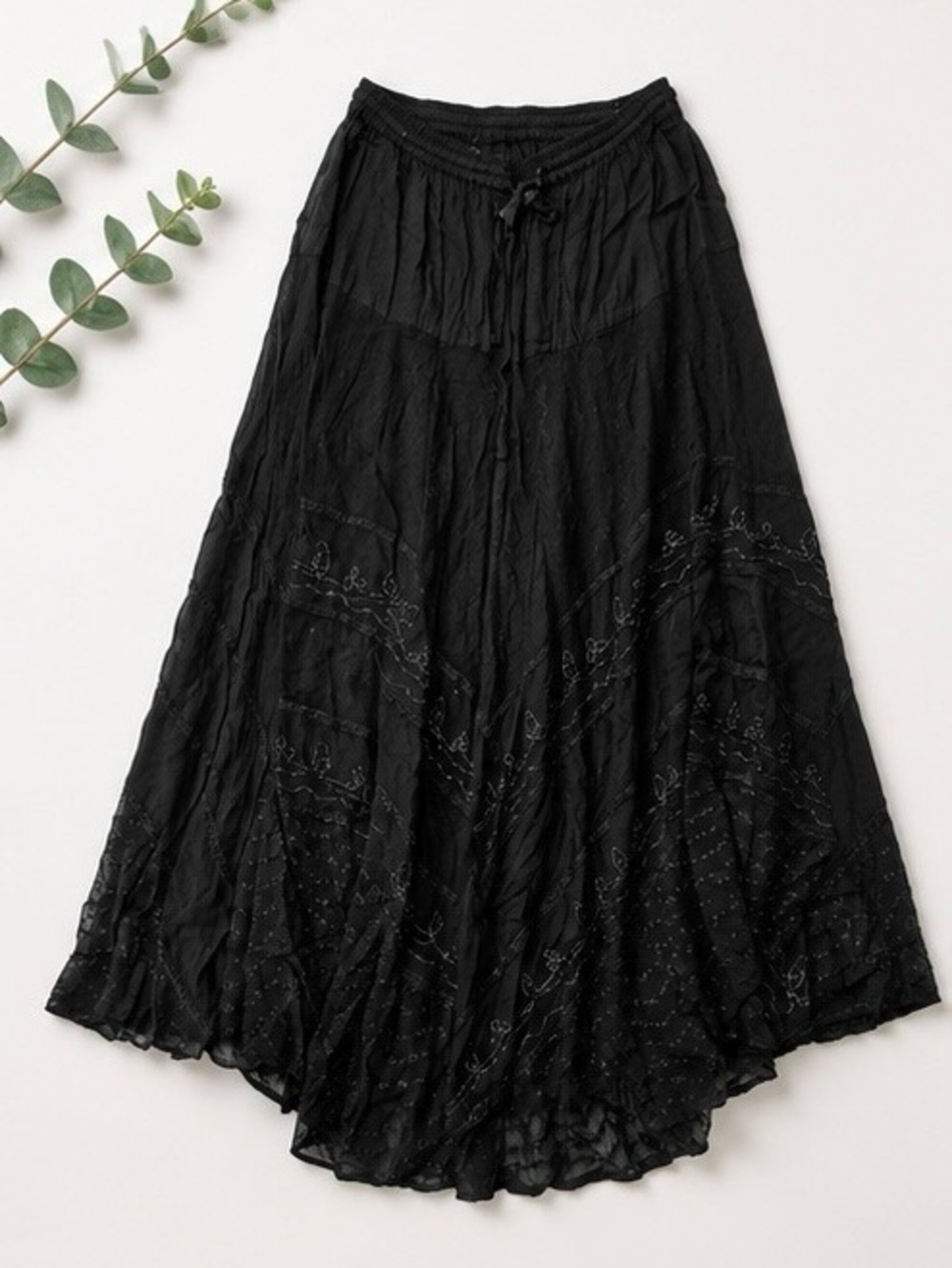 Advance Free Size Black Embroidered Boho Maxi Skirt | Tiered Flowy Festival Cott